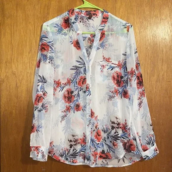 •KUT FROM THE KLOTH•WHITE SHEER FLORAL BUTTON UP CONVERTIBLE SLEEVE BLOUSE MED. - Picture 4 of 10